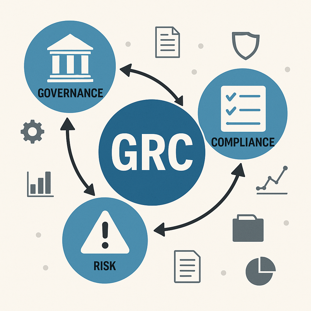 GRC Framework - Governance, Risk, and Compliance interconnected diagram showing the core pillars of our solutions